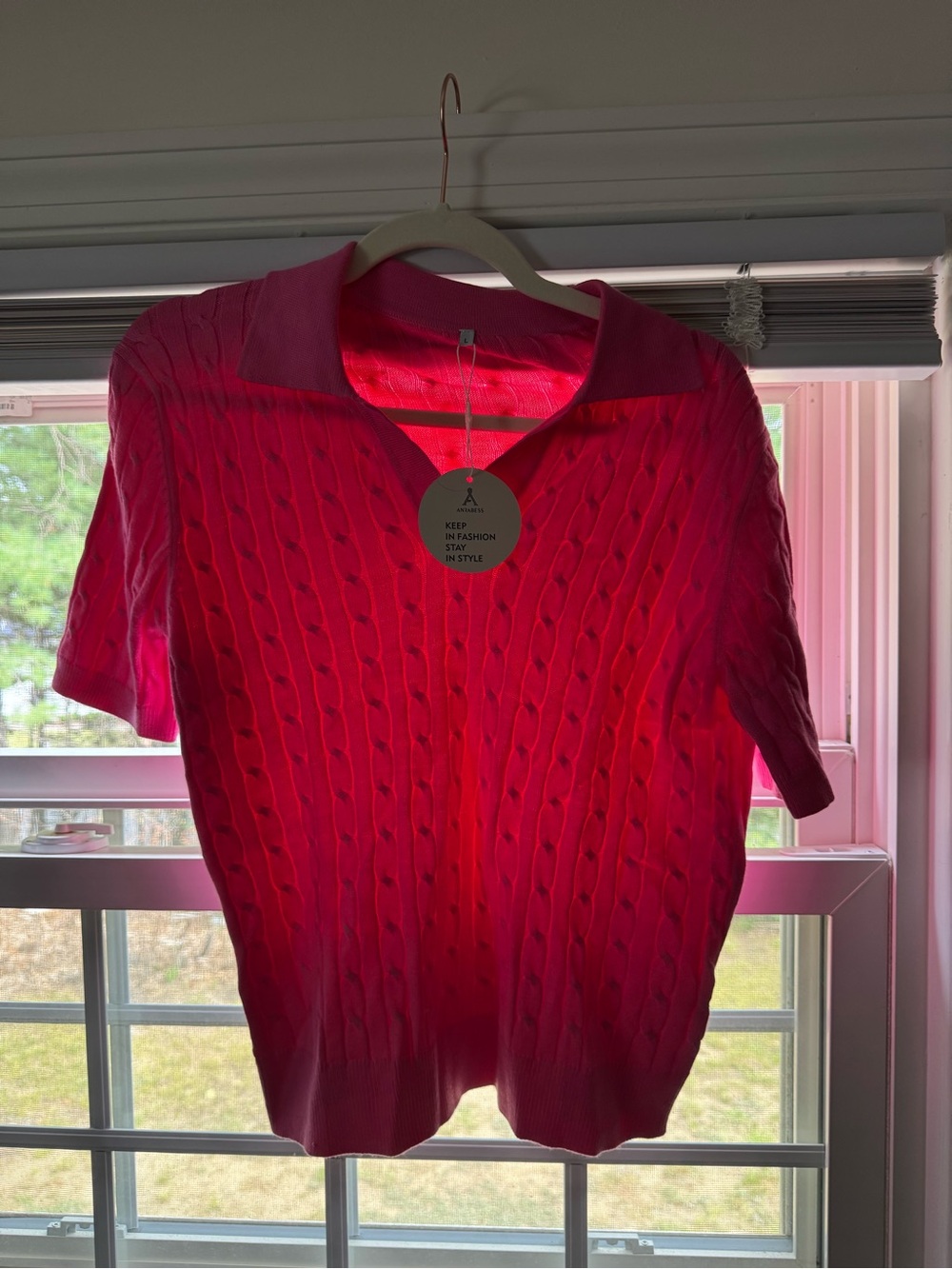 Short-Sleeve Cable Knit Polo Sweater in Hot Pink